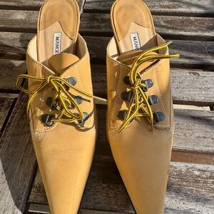 Manolo Blahnik Mustard Yellow Lace-Up Heels